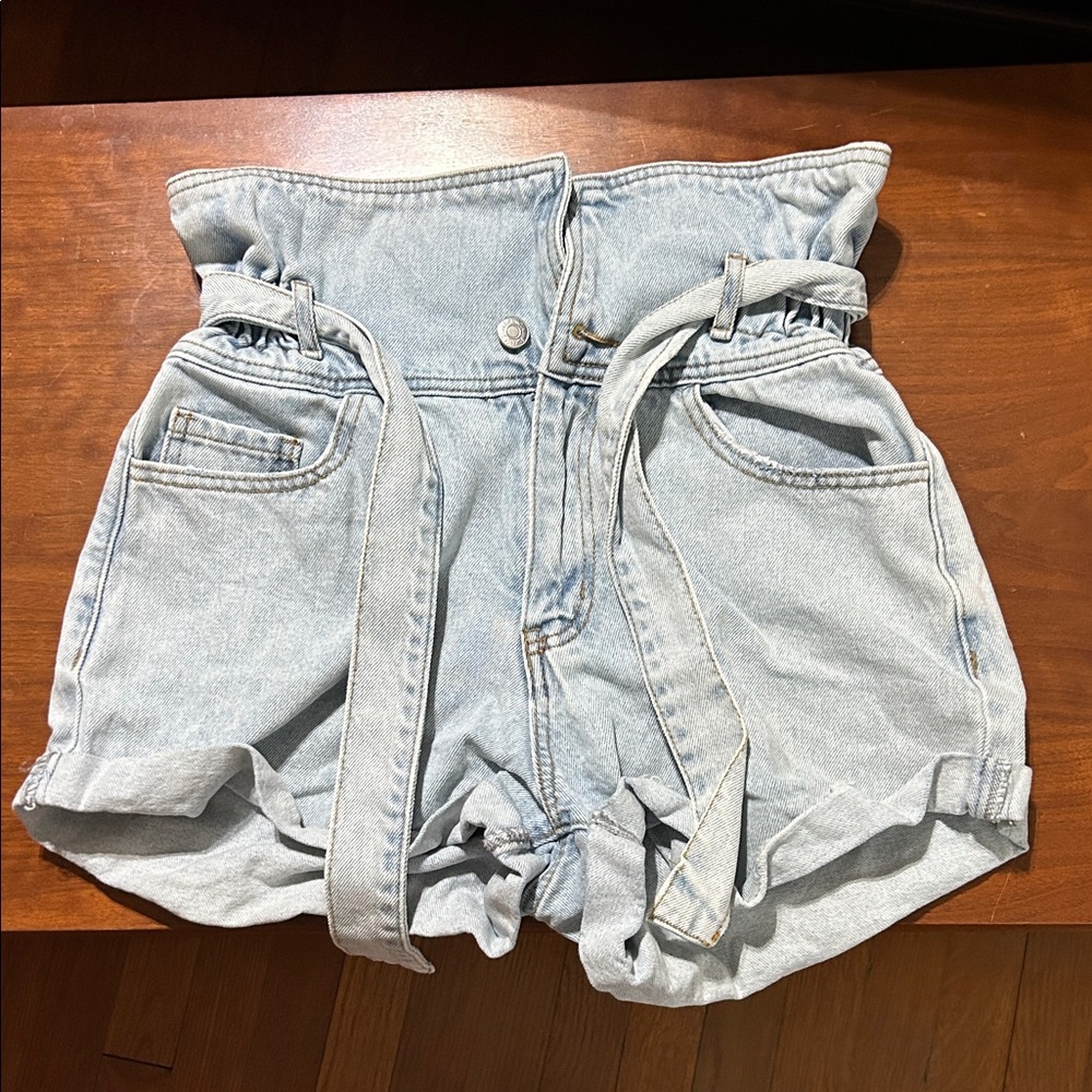 Forever 21 Light Blue High-Rise Paperbag Denim Shorts with Tie